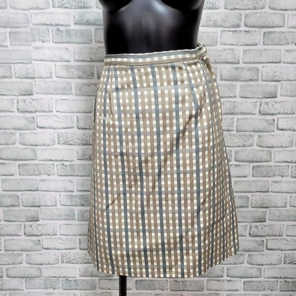 Vintage 80s 90s XS Tan White Blue Gingham Plaid Wool‎ Blend Straight Skirt Work - Picture 1 of 6